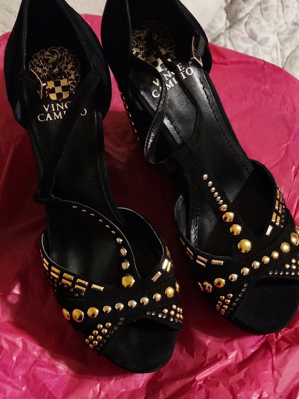 Vince Camuto Black Studded Open-Toe Heels with Gold Accents